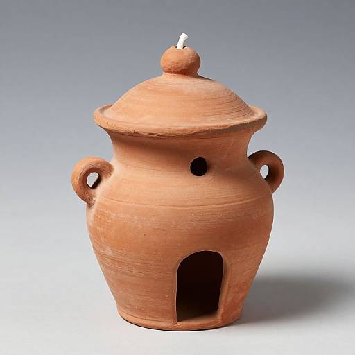 Photograph of a small, handmade, terracotta jar with a rounded lid, two handle loops, a circular hole, and an arched opening