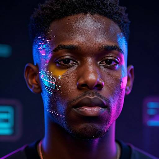 Digital portrait of a serious black man with short curly hair, illuminated by neon blue and pink lights, with futuristic white lines on his cheek. Dark,
