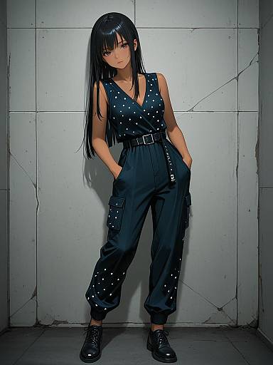 Anime Woman in Polka Dot Jumpsuit