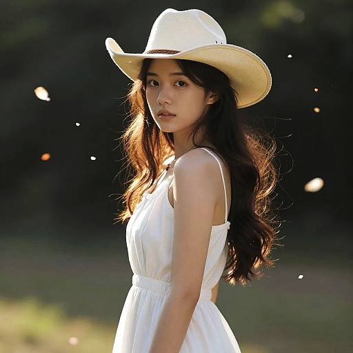 Photograph of an Asian woman with long brown hair, wearing a white sundress and straw hat, standing in a sunlit, grassy field with