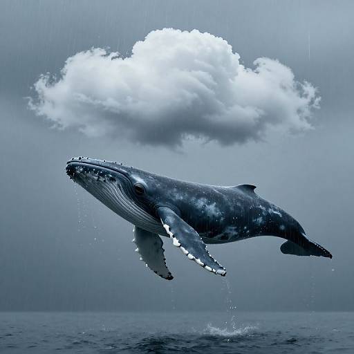 Photorealistic digital artwork of a massive, wet, gray-blue whale leaping out of the ocean beneath a single, white, fluffy cloud against a