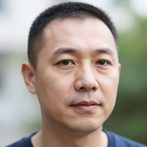 Photograph of a young Asian man with short black hair, light skin, slight stubble, wearing a dark blue shirt, against a blurred green and