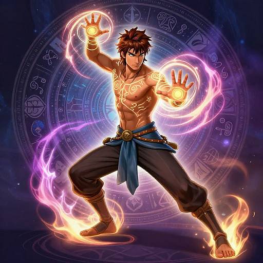 Digital anime-style illustration of a muscular, shirtless man with brown hair, glowing tattoos, and purple eyes, conjuring magic circles and flames. He