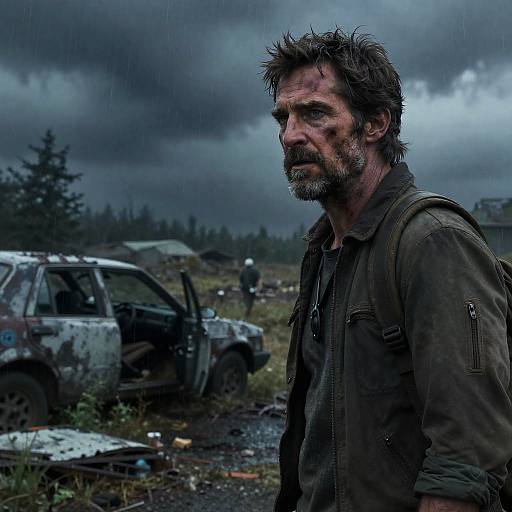 Photograph of a rugged, bearded man with messy brown hair, wearing a dark jacket, standing in a stormy, abandoned car graveyard.