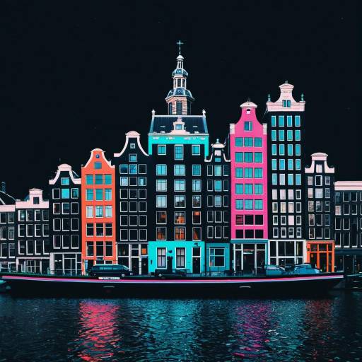 Neon-lit Amsterdam Canal Houses at Night