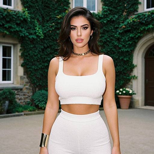 Photograph of a confident woman with long dark hair, wearing a white crop top and high-waisted skirt, gold choker, and bracelet,