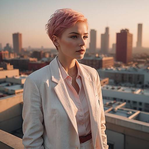 Fashion Portrait of Woman with Pink Pixie Cut on Rooftop