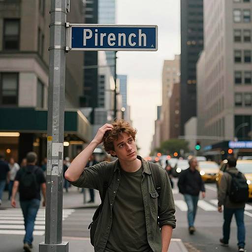 Photograph of a young man with curly brown hair, wearing a green jacket and dark shirt, standing at a 