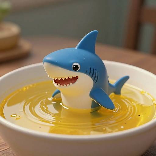 Photograph of a blue plastic shark toy with black stripes, open mouth, and round black eyes, floating in a white bowl of golden-yellow liquid.