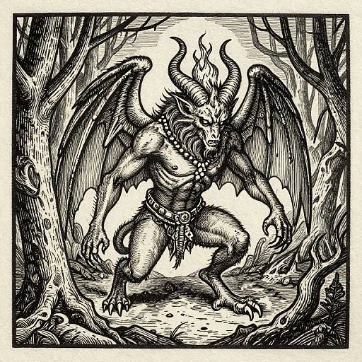 Black-and-white ink illustration of a muscular, demonic creature with horns, wings, and clawed feet, crouching in a twisted forest.