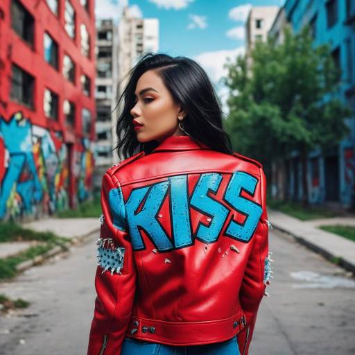 Woman in Red Leather Jacket with Graffiti Text
