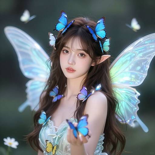 Digital art of an ethereal fairy with glowing blue butterflies, translucent wings, and long brown hair, set against a blurred green background.