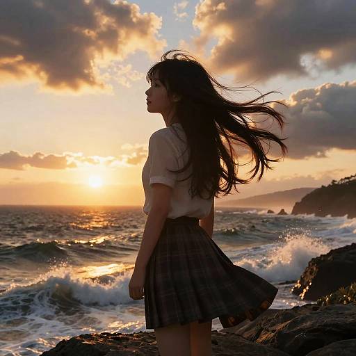 Dramatic Sunset Anime Girls at Seaside