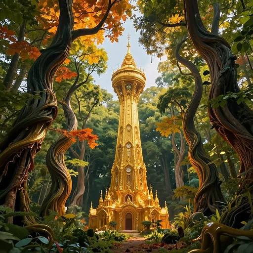 Fantastical digital painting of a golden, spire-topped castle nestled in a whimsical forest with twisted trees and vibrant autumn leaves.