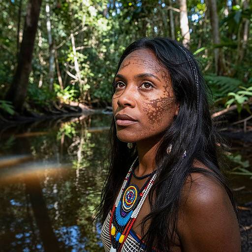 Photograph of a young Indigenous woman with dark skin, black hair, and face paint, wearing colorful beaded necklace, standing by a forest stream.