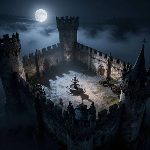 Aerial night view of a gothic castle with a full moon, stone towers, central fountain, and shadowy turrets, surrounded by mist.