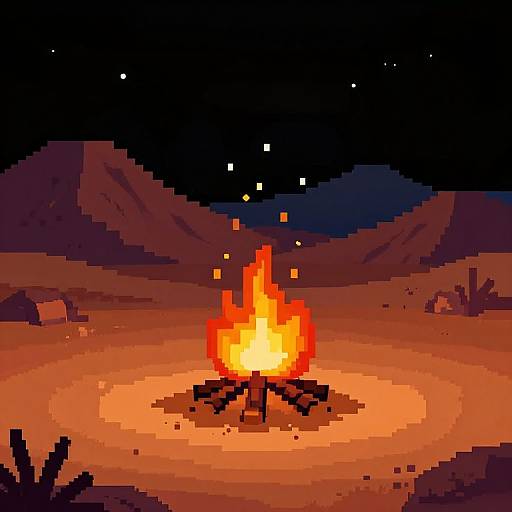 Pixel art of a bright, orange campfire burning in a desert at night, surrounded by rocks and mountains under a starry sky.
