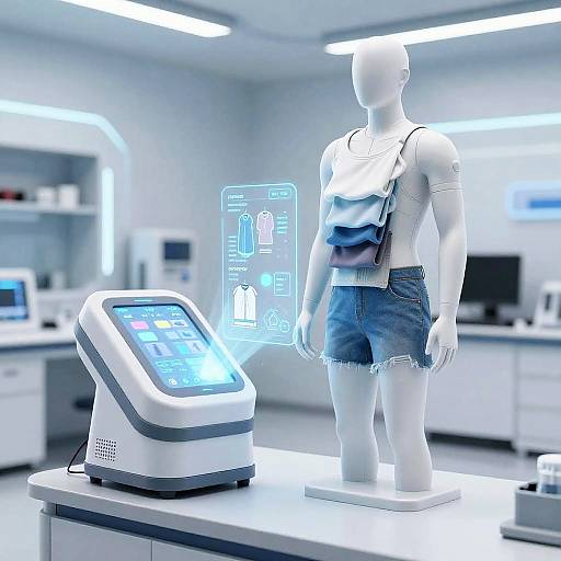 Digital mannequin in denim skirt and white top stands beside futuristic touchscreen display in a brightly lit, sterile lab.
