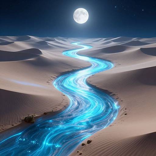 Photorealistic digital artwork of a luminous blue river winding through glowing white sand dunes under a bright full moon in a starry night sky.
