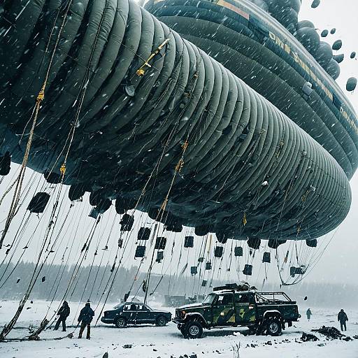 Damaged Dazzle Camouflaged Attack Blimps Over Snowy Siberian Outpost