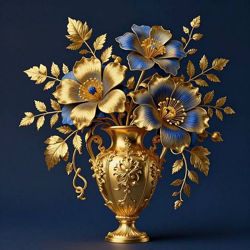 Glamorous, gold-accented floral vase with blue and gold flowers and golden leaves against a dark blue background, CGI artwork.