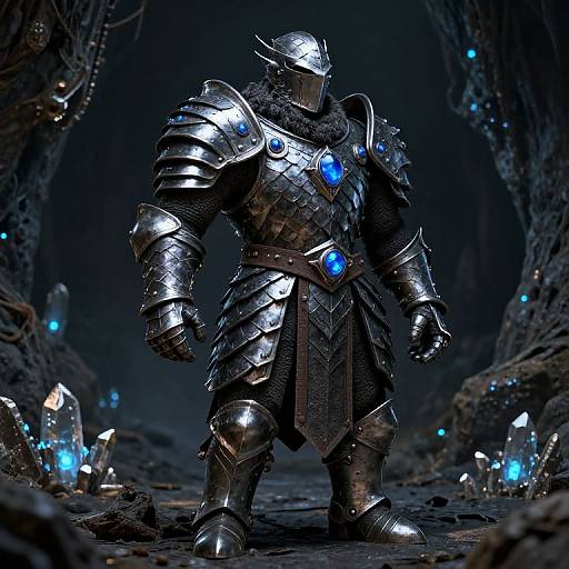 CGI image of a muscular, armored warrior with a glowing blue chest plate, standing in a dark, bioluminescent forest.