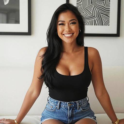Photograph of a smiling Asian woman with long black hair, wearing a black tank top and blue denim shorts, sitting on a white sofa, framed abstract