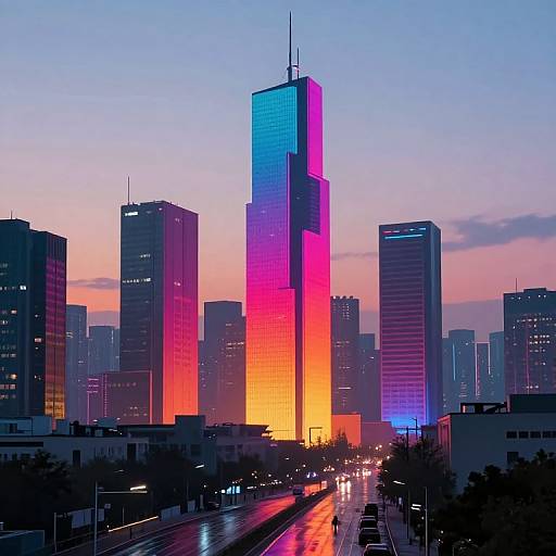 Photograph of a vibrant cityscape at dusk, featuring a towering skyscraper with gradient neon pink, orange, and blue lights, surrounded by other dark