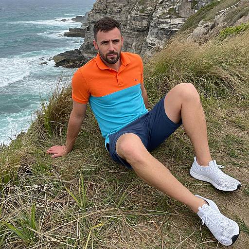Photograph of a bearded man with short dark hair, in an orange and blue polo shirt, dark shorts, and white sneakers, sitting on a