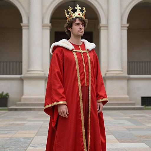 Young man with curly brown hair, wearing a gold crown, red royal robe with white fur collar, standing in front of a classical stone archway.