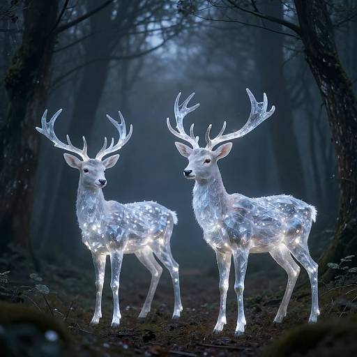Photograph of two glowing white deer with illuminated antlers standing in a dark, misty forest, creating a magical, ethereal scene.