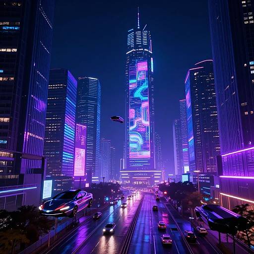 Neon-lit futuristic cityscape photograph at night, featuring towering skyscrapers with vibrant purple, blue, and pink LED lights, busy street with