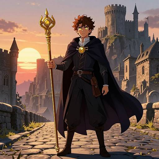 Anime-style illustration of a curly-haired young man in a black cloak holding a golden staff, standing on a cobblestone path at sunset in front of