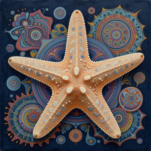 Colorful digital artwork of a starfish adorned with small, glowing beads, centered on a dark blue background with vibrant, swirling, mandala-like patterns