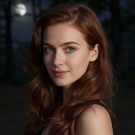 Photograph of a young woman with fair skin, striking blue eyes, and long, wavy auburn hair, smiling softly against a dark,