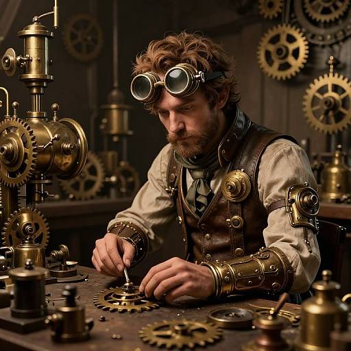 Steampunk inventor with brown curly hair, goggles, and leather vest, meticulously assembling gears in a dimly lit workshop. Photographic image.