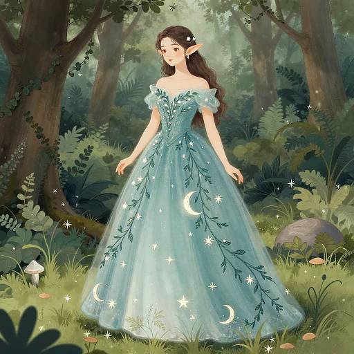 Digital fantasy artwork of a fair elf woman with long dark hair, wearing a light blue, star-patterned gown, standing in a mystical forest with glowing