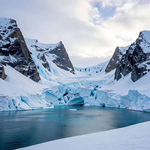 Photograph of a stunning glacier landscape with towering snow-covered peaks, icy blue water, and a reflective foreground of compacted snow.