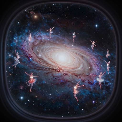 Photographic-style digital art of ethereal ballet dancers floating around a glowing spiral galaxy, set in a star-studded, dark space.