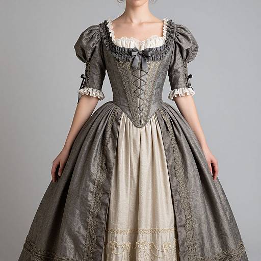 Photograph of a woman in an 18th-century-style gray and silver brocade dress with puffed sleeves, lace trim, and corseted