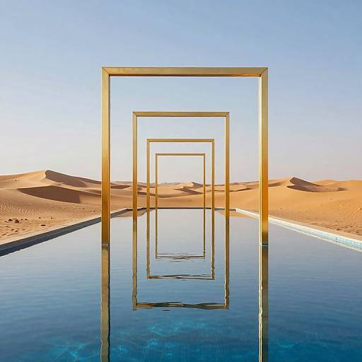 Photograph of a golden-framed rectangular pool in a desert with sand dunes, reflecting multiple frames in the calm water.