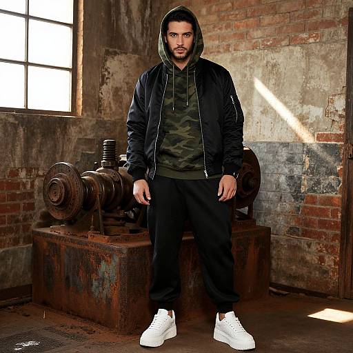 Man in Camouflage Hoodie and Bomber Jacket