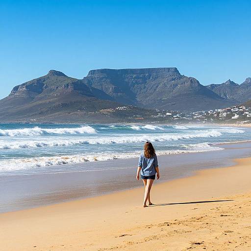 Photograph of a woman in a blue shirt and shorts walking on a sunny beach with waves, mountains, and clear blue sky.
