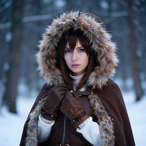 Photograph of a young woman with pale skin, dark brown hair, and blue eyes, wearing a fur-trimmed winter cloak, brown gloves,
