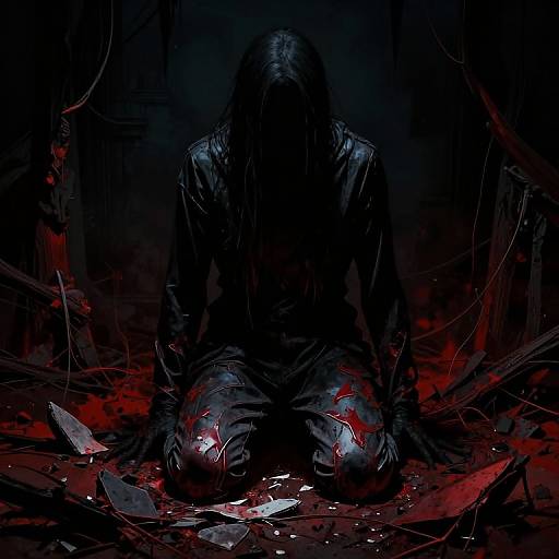 Dark Figure Kneeling in Ruins