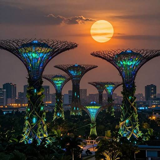 Photograph of futuristic, bioluminescent Supertrees in Singapore at sunset, illuminated by vibrant blue and green lights, with a glowing orange sun