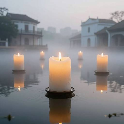 Photograph of six glowing white candles floating on a misty pond, reflecting on the water's surface, with foggy traditional buildings in the background.