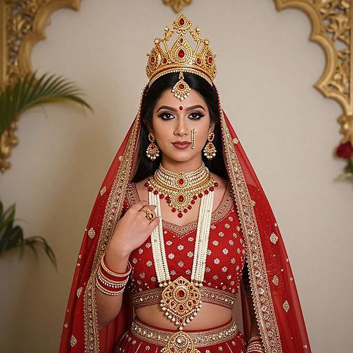 Photograph of a South Asian bride in a red traditional lehenga, adorned with gold jewelry, including a crown, necklace, and earrings, with a