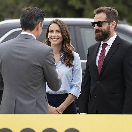 Smiling Trio Greeting Outdoors, Car Background