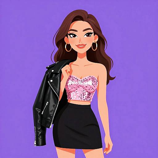 Digital illustration of a stylish woman with long brown hair, wearing a sequin strapless top, black leather jacket, black skirt, and large hoop earrings